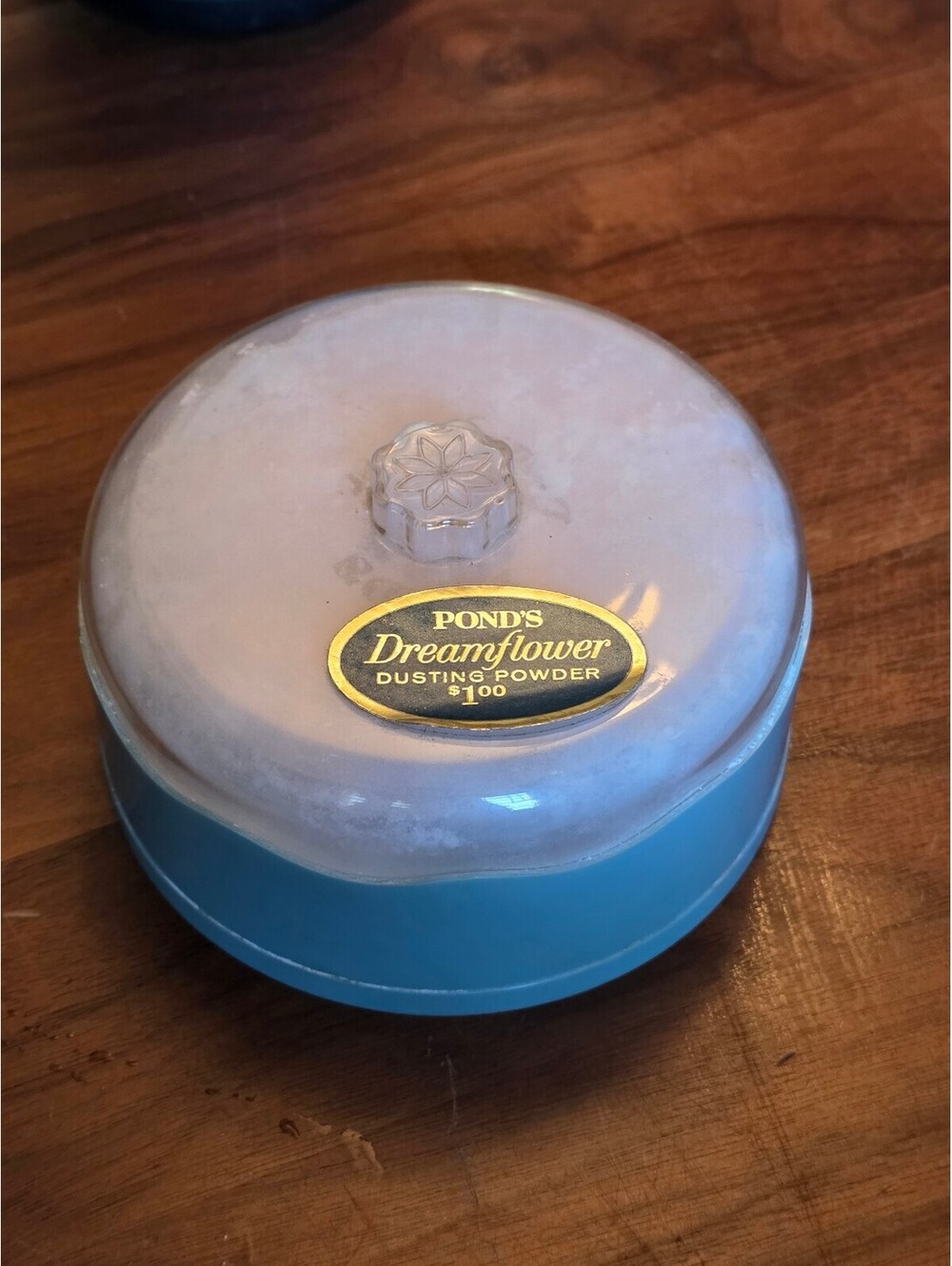 Vintage Pond’s Dreamflower Dusting Powder Container Blue Aqua Base Clear Lid
